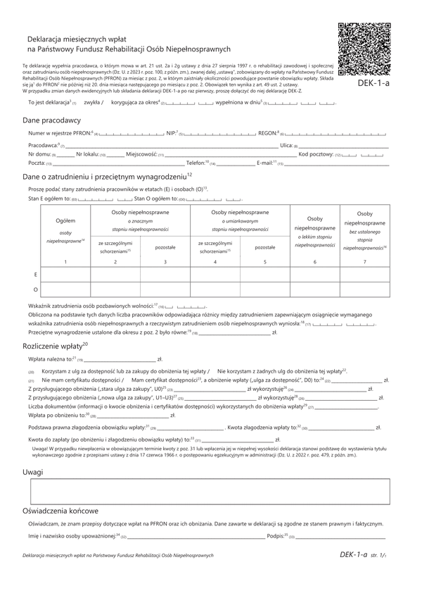 PFRON DEK-1-a Deklaracja miesięcznych wpłat na Państwowy Fundusz Rehabilitacji Osób Niepełnosprawnych
