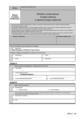 RFR-Z Wniosek o zmianę danych fundacji rodzinnej w rejestrze fundacji rodzinnych