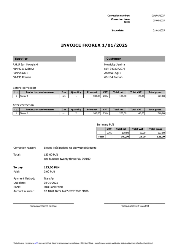 FKOREX Faktura korygująca eksportowa (zgodna z KSeF)