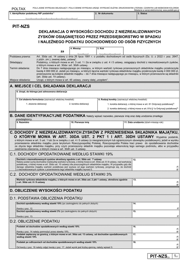 PIT-NZS (2) Deklaracja o wysokości dochodu z niezrealizowanych zysków osiągniętego przez przedsiębiorstwo w spadku