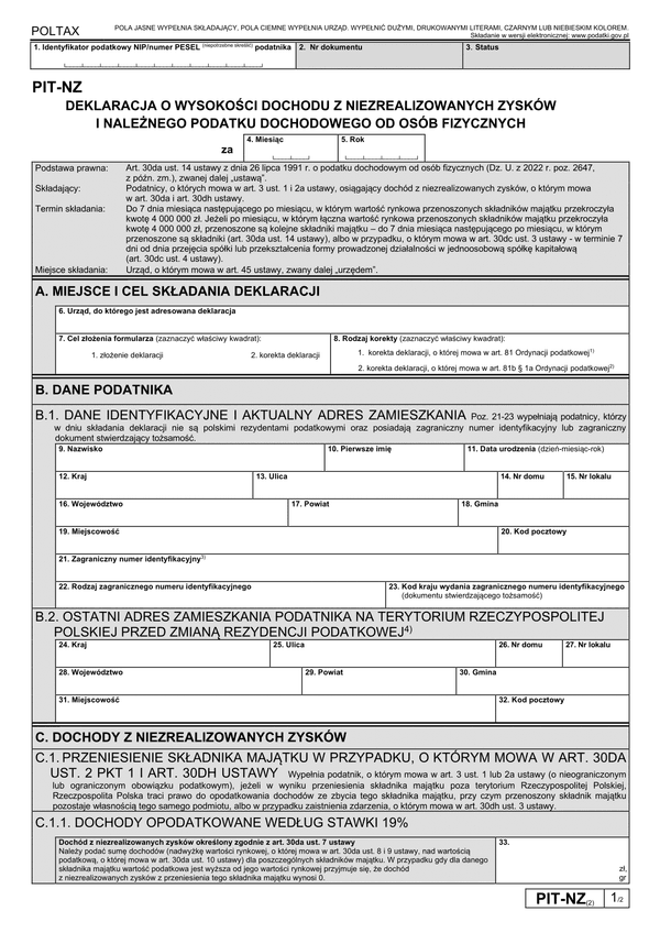 PIT-NZ (2) Deklaracja o wysokości dochodu z niezrealizowanych zysków