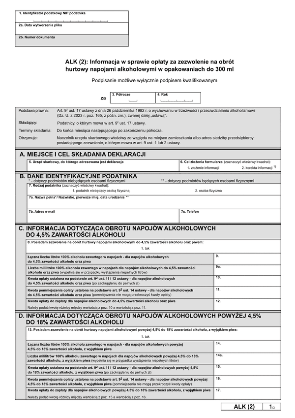 EW_ALK (2) Informacja w sprawie opłaty za zezwolenie na obrót hurtowy napojami alkoholowymi w opakowaniach do 300 ml