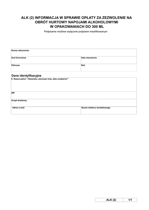 ALK (2) Informacja w sprawie opłaty za zezwolenie na obrót hurtowy napojami alkoholowymi w opakowaniach do 300 ml