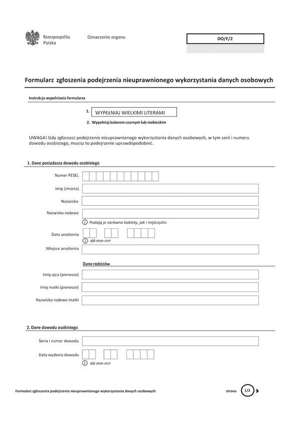 DO/F/2 Formularz zgłoszenia podejrzenia nieuprawnionego wykorzystania danych osobowych