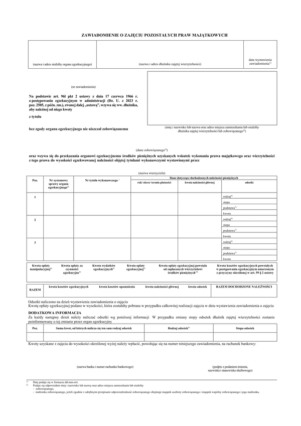ZoZPPM Zawiadomienie o zajęciu pozostałych praw majątkowych