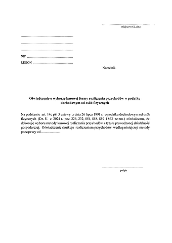 OoWKFR Oświadczenie o wyborze kasowej formy rozliczenia przychodów w podatku dochodowym od osób fizycznych