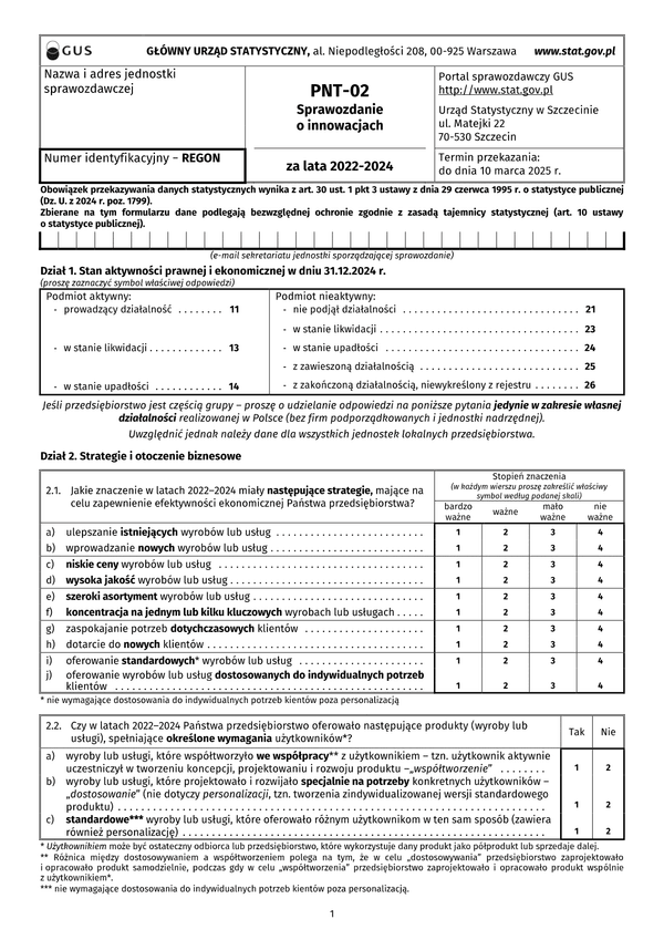 GUS PNT-02 (2022-2024) Sprawozdanie o innowacjach w przemyśle za lata 2022–2024