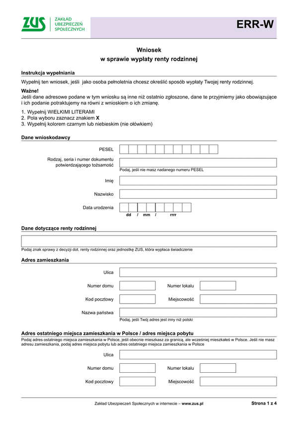 ZUS ERR-W Wniosek w sprawie wypłaty części renty rodzinnej - wersja papierowa