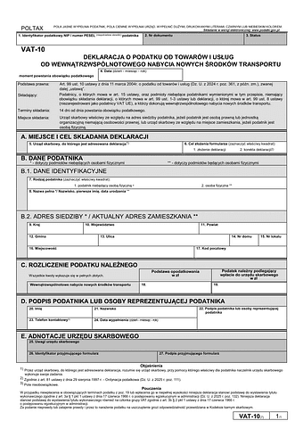 VAT-10 Deklaracja dla podatku od towarów i usług przy wewnątrzwspólnotowym nabyciu nowych środków transportu