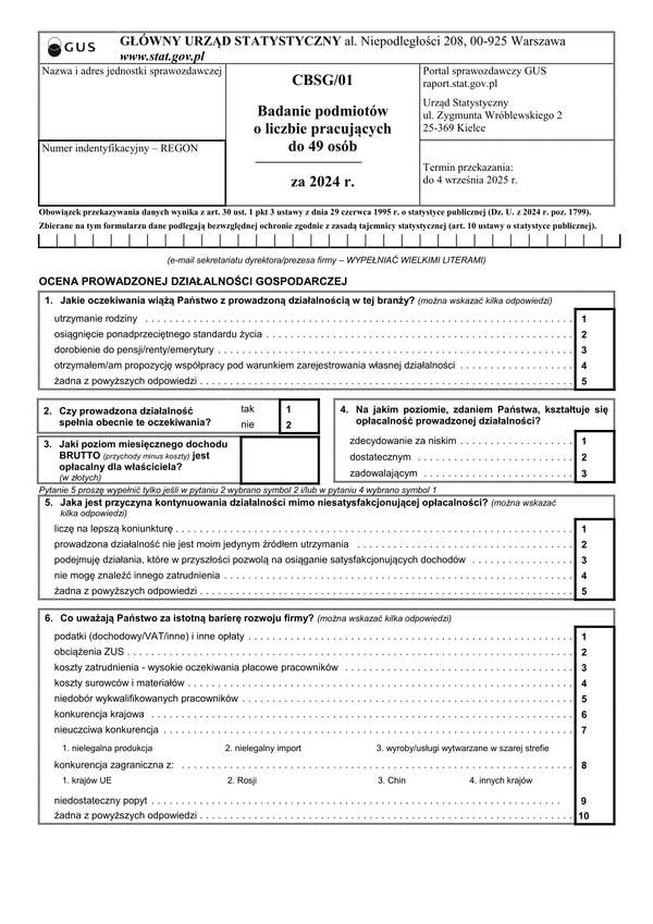 GUS CBSG/01 Badanie podmiotów o liczbie pracujących do 49 osób (2024)