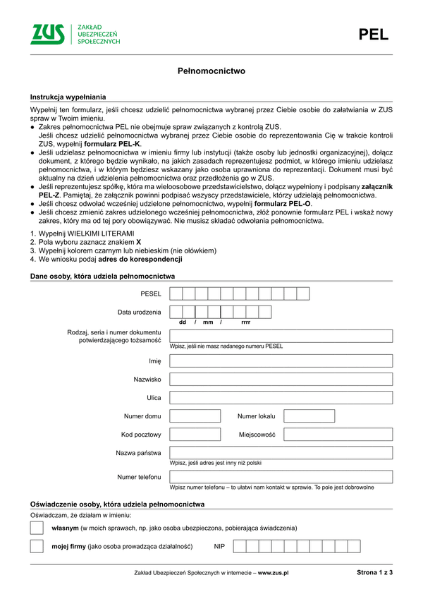 ZUS PEL Pełnomocnictwo - wersja papierowa