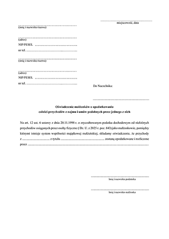 OMoOP Oświadczenie małżonków o opodatkowaniu całości przychodów z najmu i umów podobnych przez jednego z nich