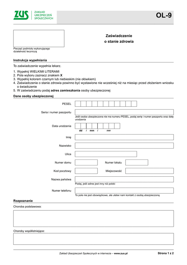 ZUS OL-9 Zaświadczenie o stanie zdrowia