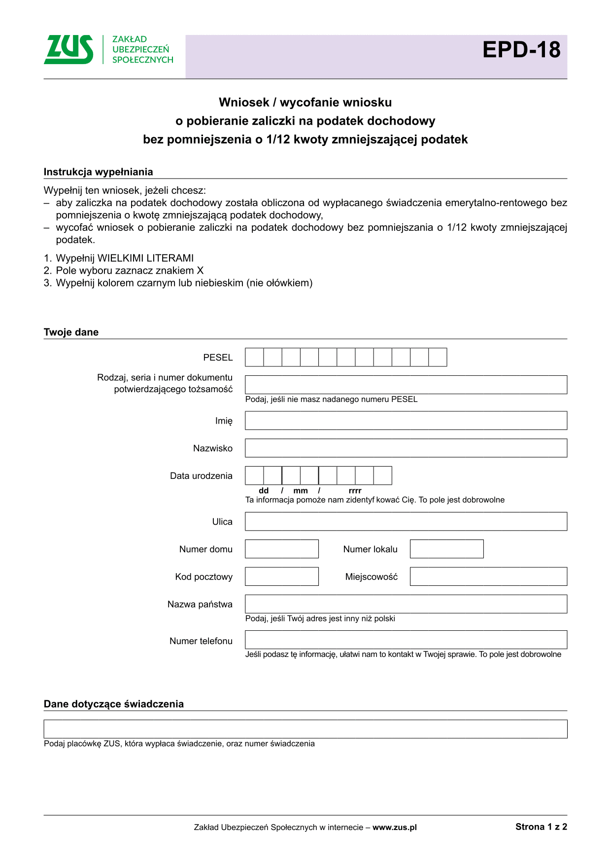 ZUS EPD-18 Wniosek o pobieranie zaliczki na podatek dochodowy bez pomniejszania o 1/12 kwoty zmniejszającej podatek