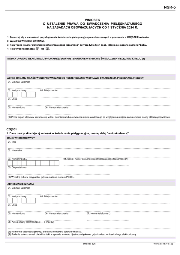 NSR-5 Wniosek o ustalenie prawa do świadczenia pielęgnacyjnego