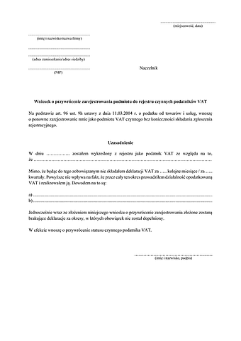 WoPZP Wniosek o przywrócenie zarejestrowania podmiotu do rejestru czynnych podatników VAT