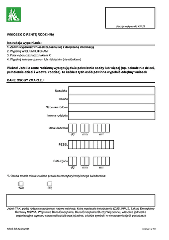 KRUS SR-12 Wniosek o rentę rodzinną z ubezpieczenia społecznego rolników