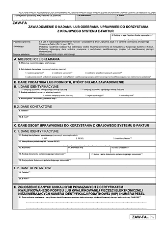 ZAW-FA Zawiadomienie o nadaniu lub odebraniu uprawnień do korzystania z Krajowego Systemu e-Faktur (KSeF)