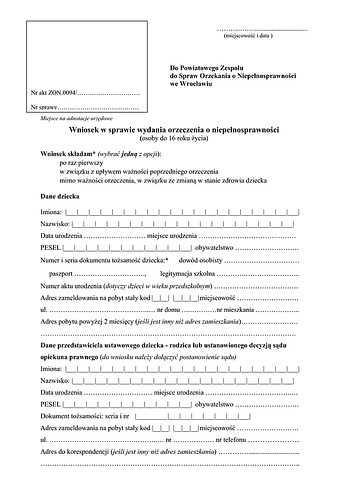 WowSNWr Wniosek o wydanie orzeczenia o stopniu niepełnosprawności (do 16 lat) - Wrocław