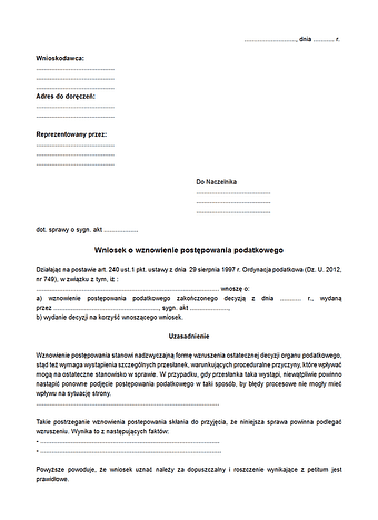 WwPP Wniosek o wznowienie postępowania podatkowego
