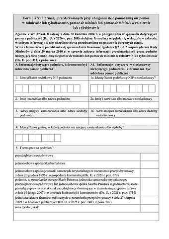 PFRON INF-O-PP Formularz informacji przedstawianych przy ubieganiu się o pomoc inną niż pomoc w rolnictwie lub rybołówstwie, pomoc de minimis lub pomoc de minimis w rolnictwie lub rybołówstwie