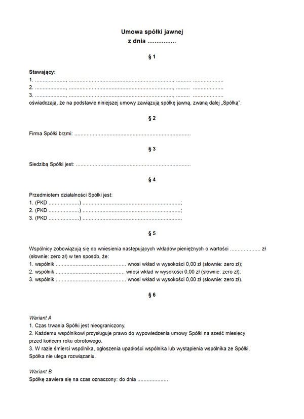 USJ Umowa spółki jawnej