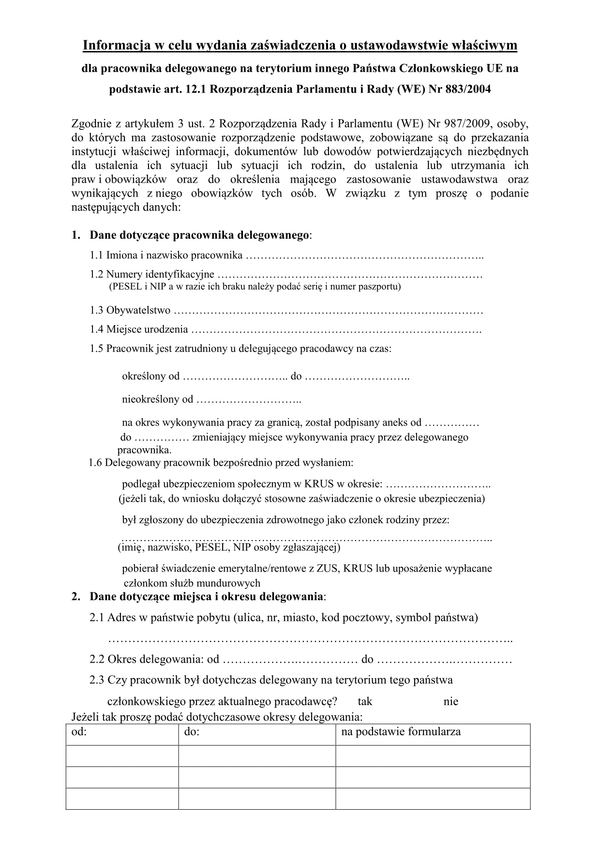 ZUS UWPD Wniosek o zaświadczenie A1 - pracownik delegowany