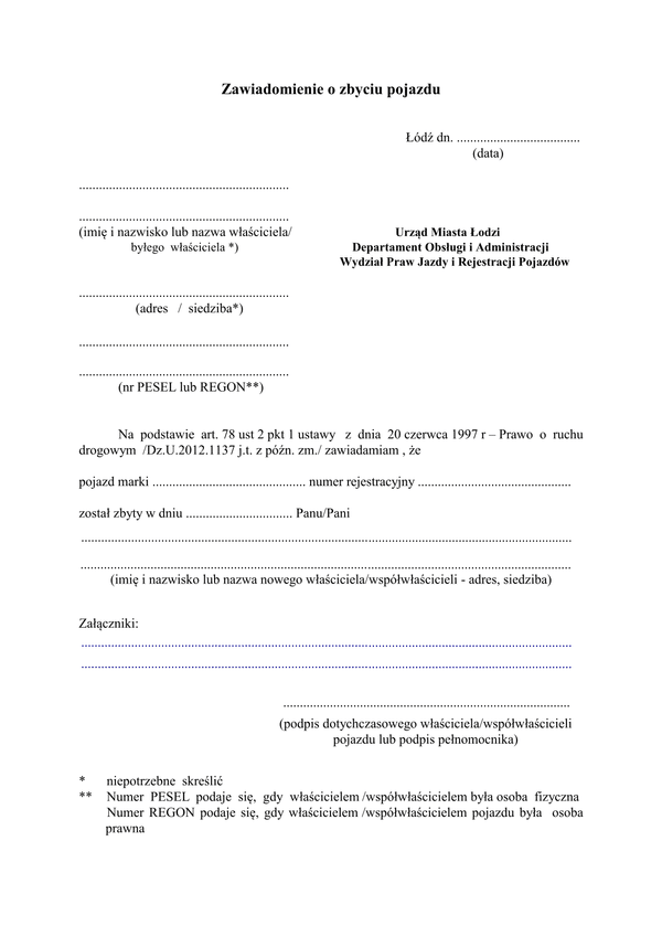 ZZP-Ł Zawiadomienie o zbyciu/nabyciu pojazdu Łódź