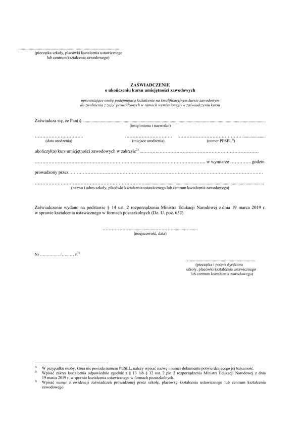 ZoUKUZ (archiwalny) Zaświadczenie o ukończeniu kursu umiejętności zawodowego