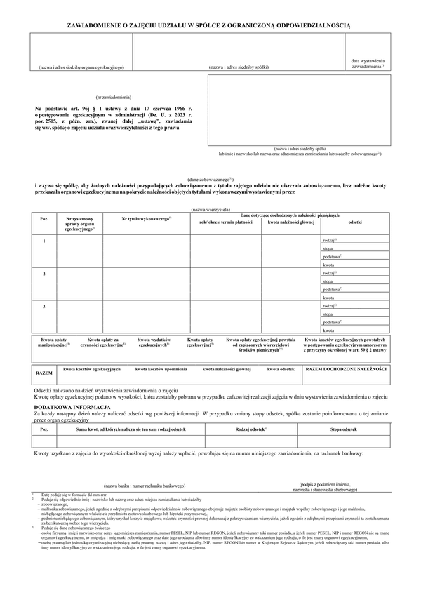 ZoZUwS Zawiadomienie o zajęciu udziału w spółce z ograniczoną odpowiedzialnością