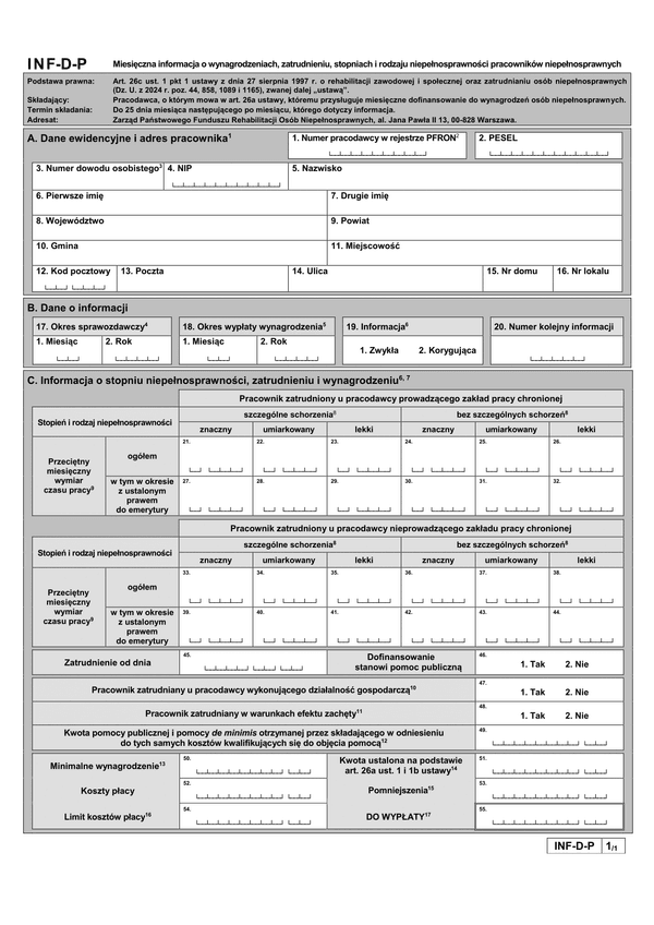PFRON INF-D-P (od VIII 2024) Miesięczna informacja o wynagrodzeniach, zatrudnieniu i stopniach niepełnosprawności pracowników niepełnosprawnych